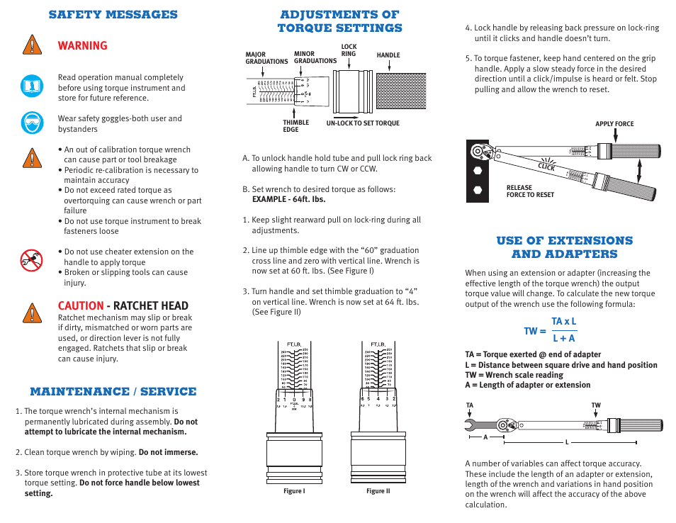Warning, Caution - ratchet head | CDI Torque METAL HANDLE DUAL SCALE MICROMETER ADJUSTABLE TORQUE WRENCH User Manual | Page 2 / 2