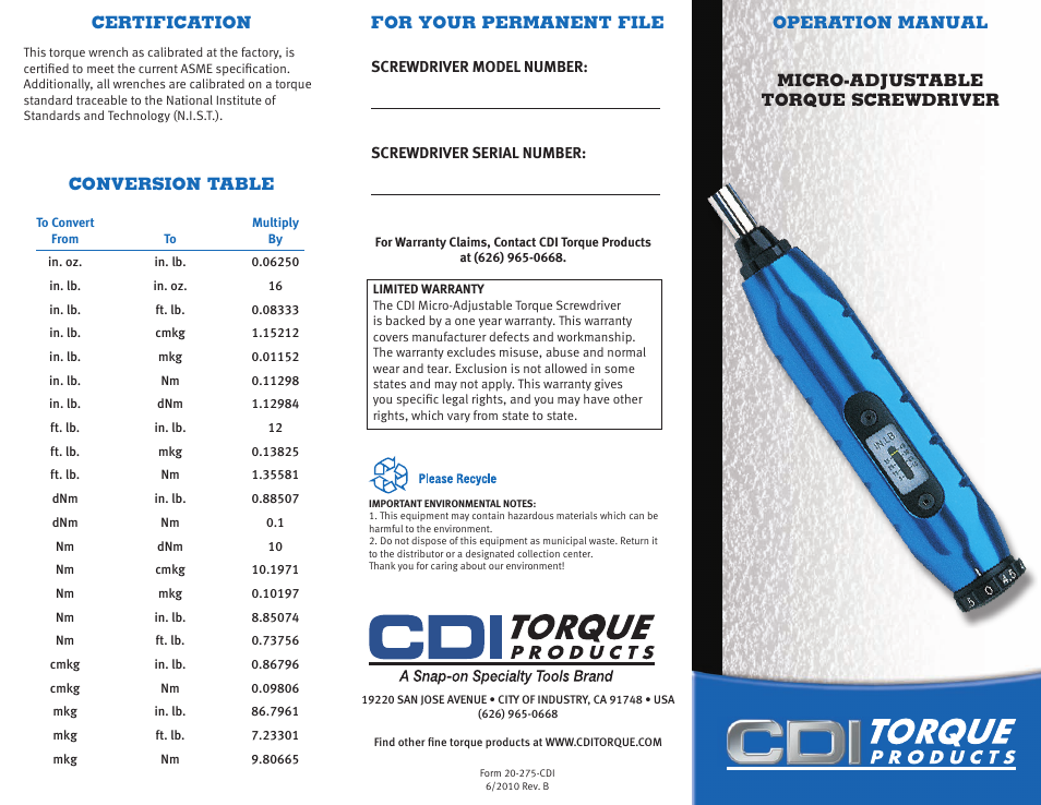 CDI Torque MICRO-ADJUSTABLE TORQUE SCREWDRIVER User Manual | 2 pages