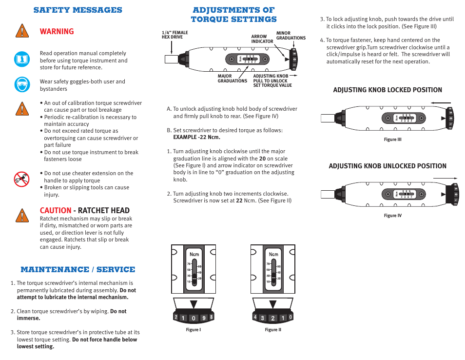 Warning, Caution - ratchet head | CDI Torque MICRO-ADJUSTABLE TORQUE SCREWDRIVER User Manual | Page 2 / 2