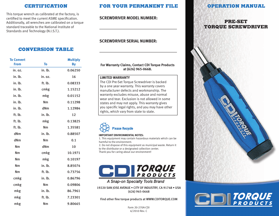 CDI Torque PRE-SET TORQUE SCREWDRIVER User Manual | 2 pages