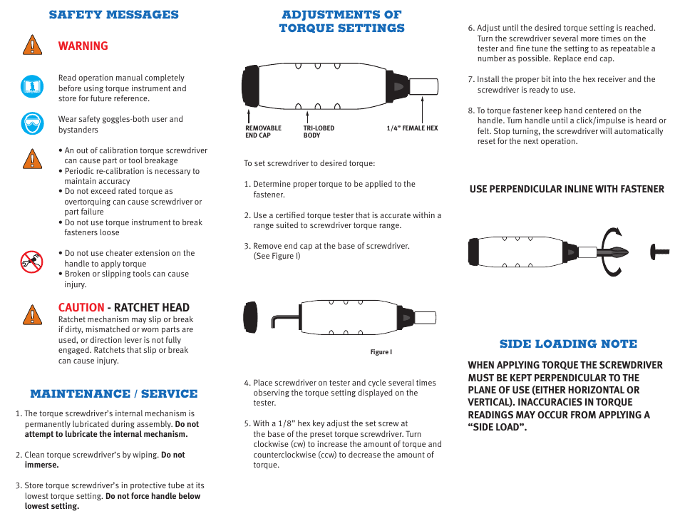 Warning, Caution - ratchet head | CDI Torque PRE-SET TORQUE SCREWDRIVER User Manual | Page 2 / 2