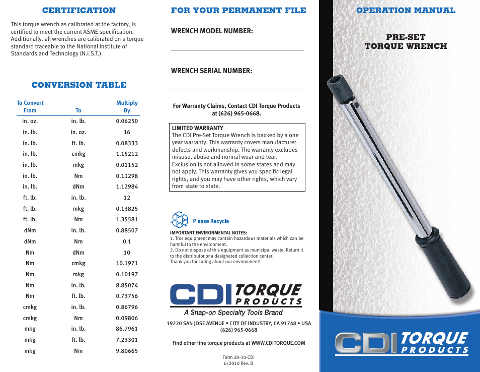CDI Torque PRE-SET TORQUE WRENCH User Manual | 2 pages
