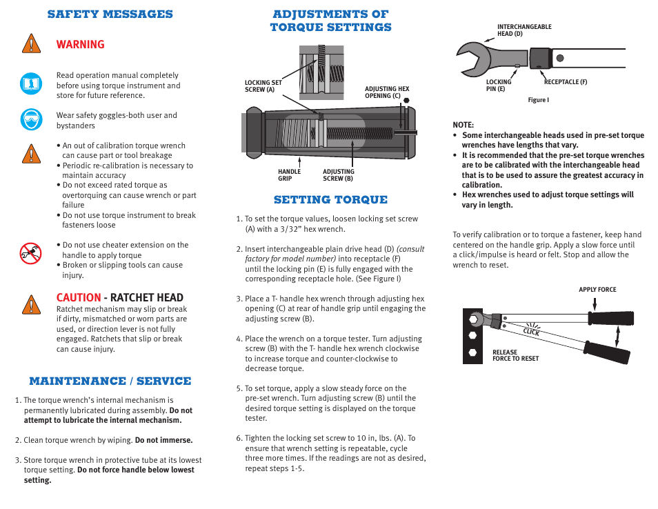 Warning, Caution - ratchet head | CDI Torque PRE-SET TORQUE WRENCH User Manual | Page 2 / 2