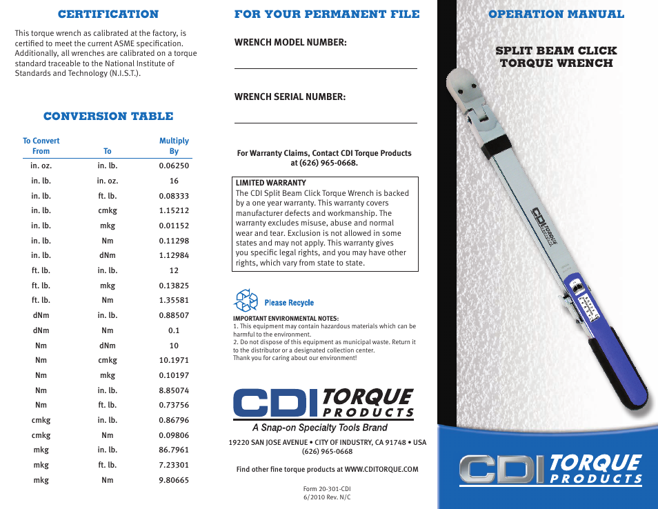 CDI Torque SPLIT BEAM CLICK TORQUE WRENCH User Manual | 2 pages