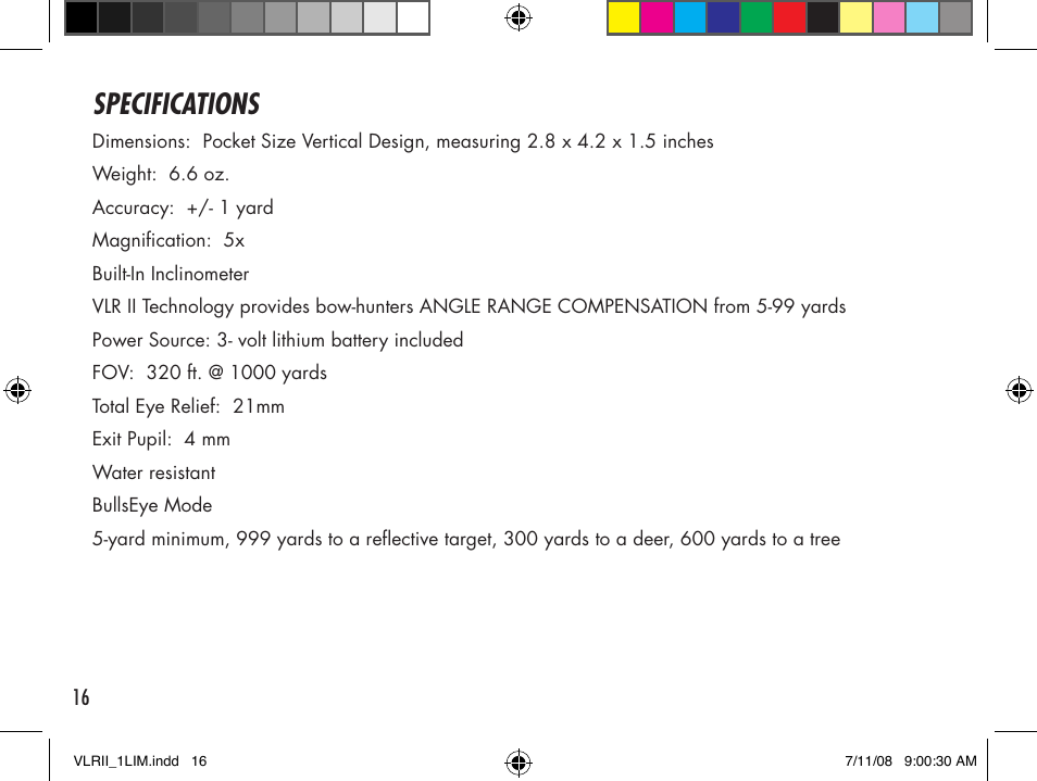 Specifications | Bushnell Cabela's VLR II User Manual | Page 16 / 20