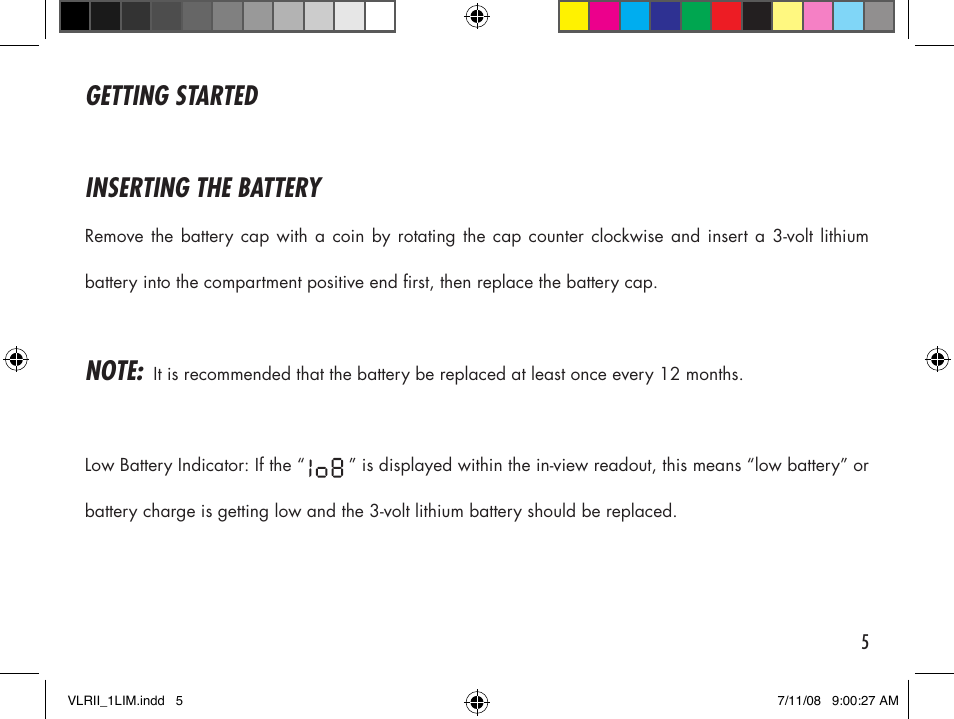 Getting started inserting the battery | Bushnell Cabela's VLR II User Manual | Page 5 / 20