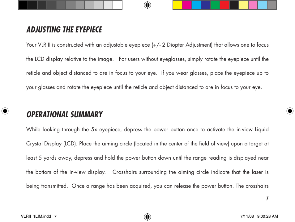 Adjusting the eyepiece, Operational summary | Bushnell Cabela's VLR II User Manual | Page 7 / 20