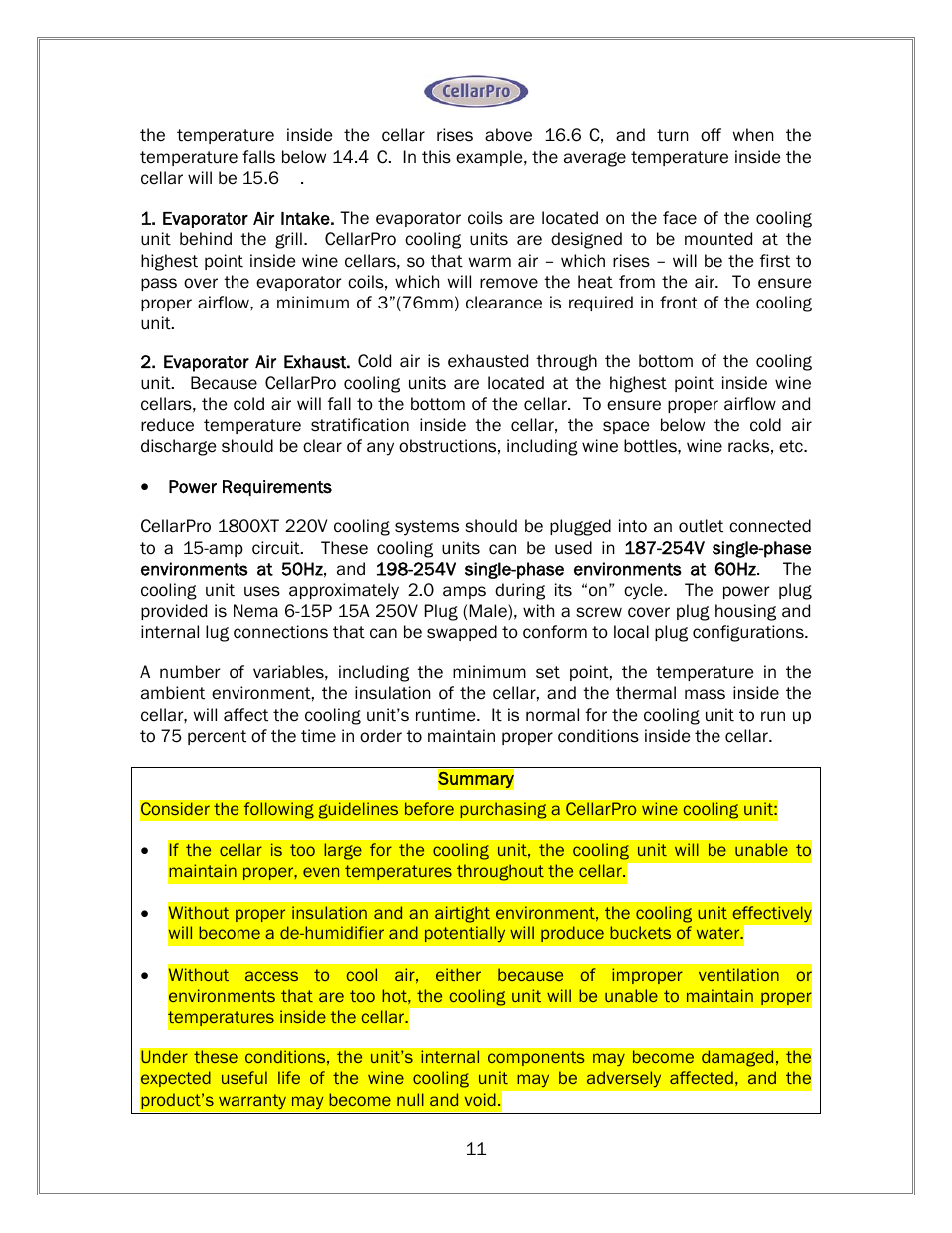 CellarPro 1800XT-220V WARRANTY SERVICE, 11402 User Manual | Page 12 / 23