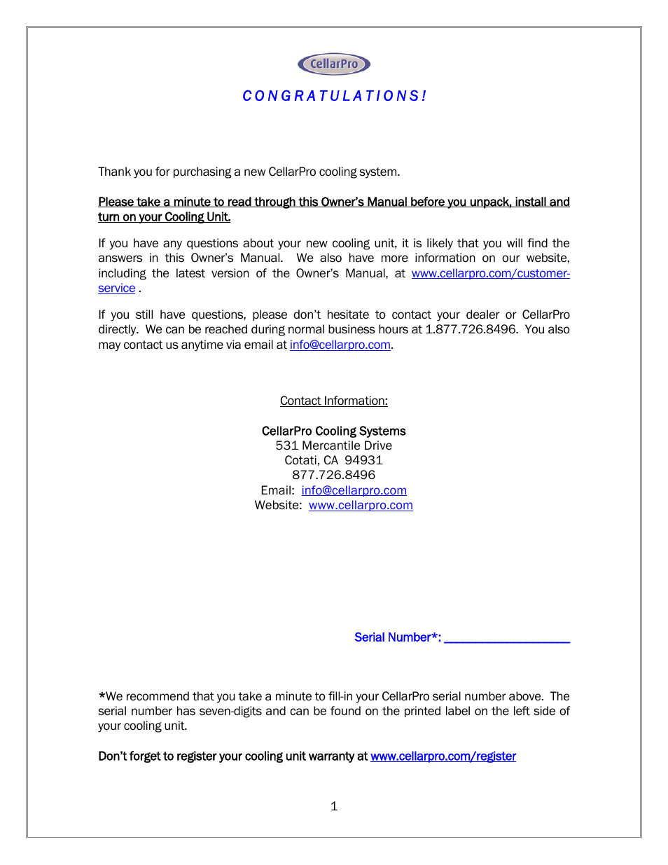 CellarPro 1800XT-220V WARRANTY SERVICE, 11402 User Manual | Page 2 / 23