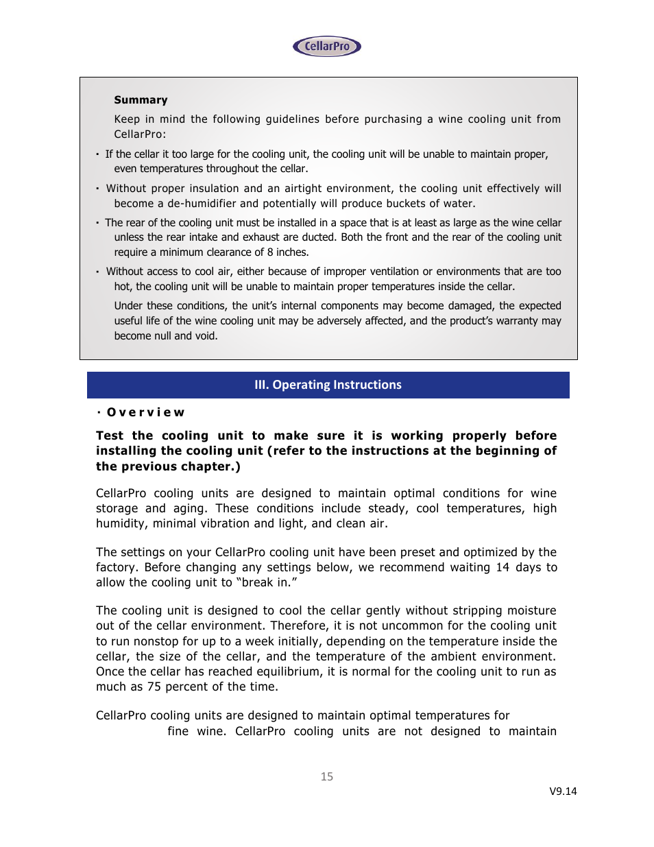 Iii. operating instructions | CellarPro 6200VSi User Manual | Page 15 / 27