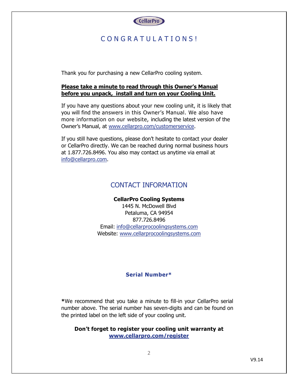 Contact information | CellarPro 6200VSi User Manual | Page 2 / 27