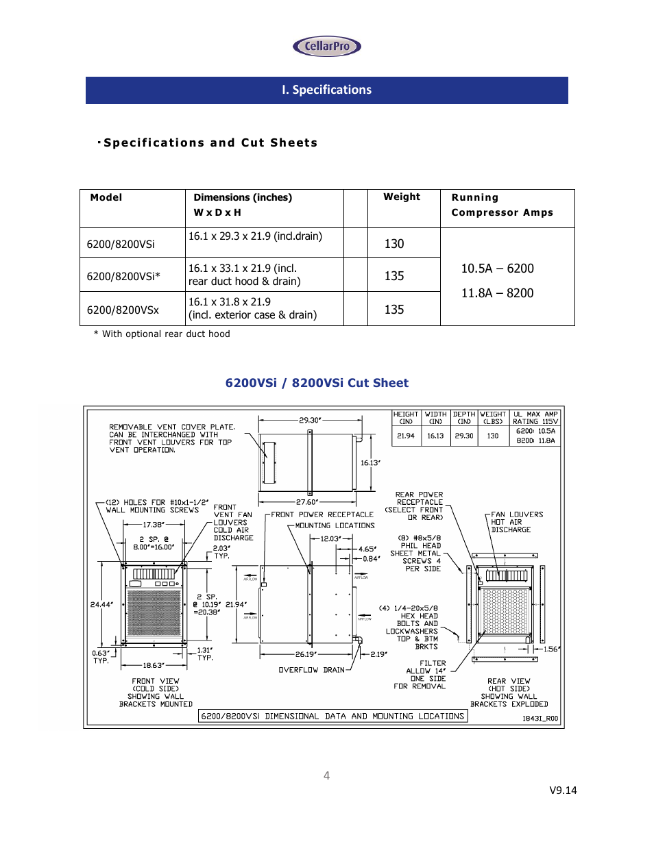 I. specifications | CellarPro 6200VSi User Manual | Page 4 / 27