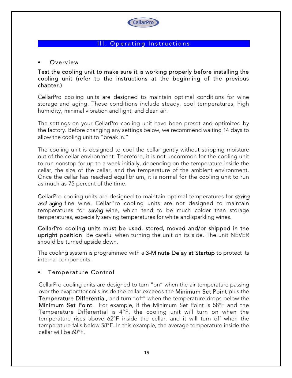 CellarPro 4200VSX WINE COOLING UNIT (EXTERIOR), 1080 User Manual | Page 19 / 32