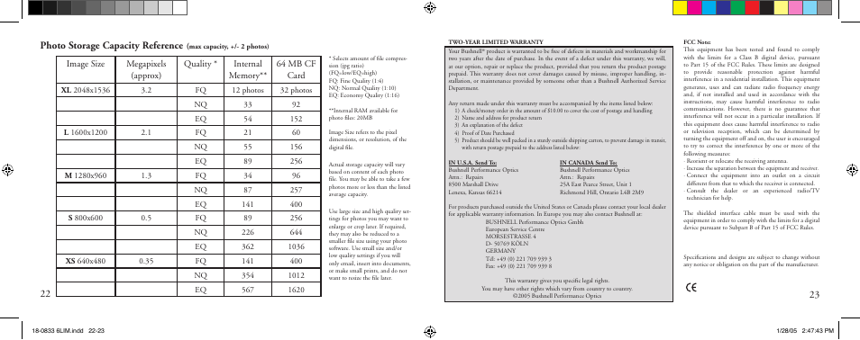 Photo storage capacity reference | Bushnell 18-0833 User Manual | Page 12 / 73