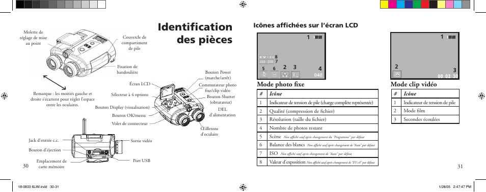 Identiﬁcation des pièces, Mode photo ﬁxe mode clip vidéo | Bushnell 18-0833 User Manual | Page 16 / 73