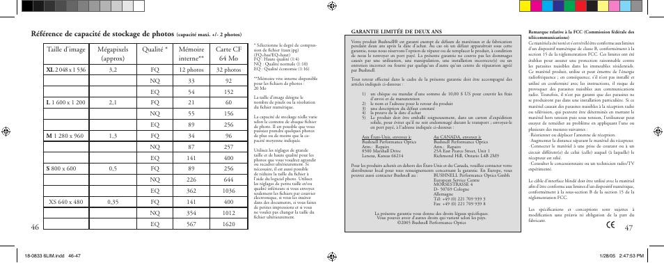 Référence de capacité de stockage de photos | Bushnell 18-0833 User Manual | Page 24 / 73