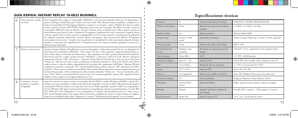 Especiﬁcaciones técnicas | Bushnell 18-0833 User Manual | Page 27 / 73