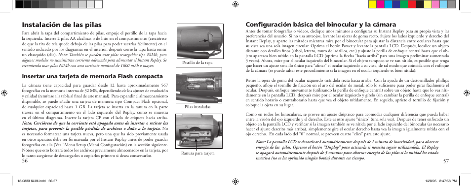 Instalación de las pilas, Conﬁguración básica del binocular y la cámara | Bushnell 18-0833 User Manual | Page 29 / 73