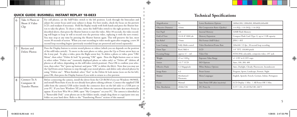 Technical speciﬁcations | Bushnell 18-0833 User Manual | Page 3 / 73