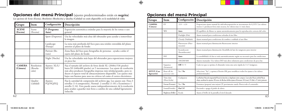 Opciones del menú principal, Ajustes predeterminados están en negrita ) | Bushnell 18-0833 User Manual | Page 32 / 73