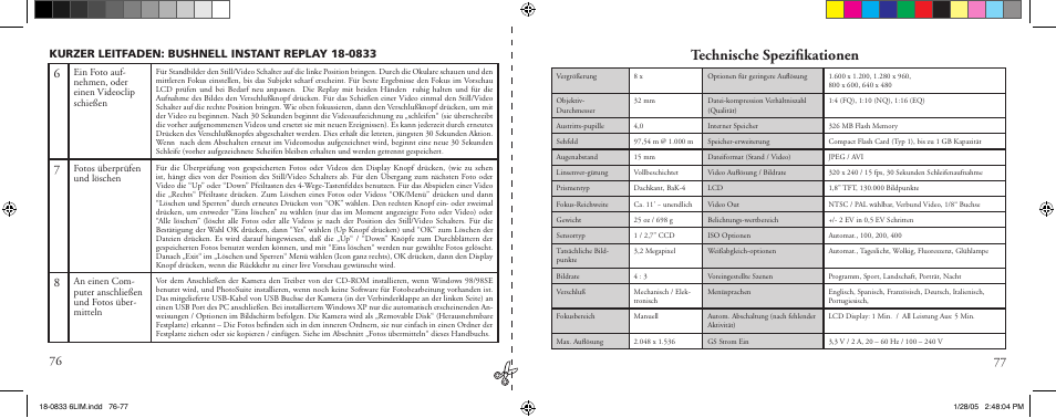 Technische speziﬁkationen | Bushnell 18-0833 User Manual | Page 39 / 73