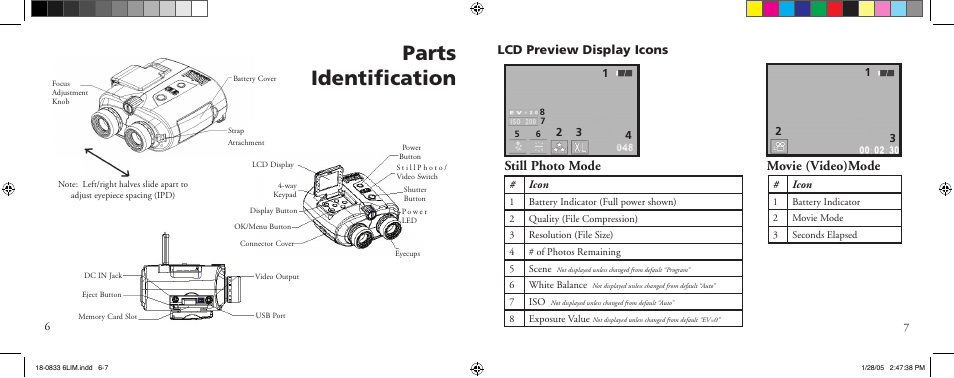 Parts identiﬁcation, Still photo mode movie (video)mode, Lcd preview display icons | Bushnell 18-0833 User Manual | Page 4 / 73