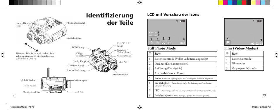 Identiﬁzierung der teile, Still photo mode film (video-modus), Lcd mit vorschau der icons | Bushnell 18-0833 User Manual | Page 40 / 73