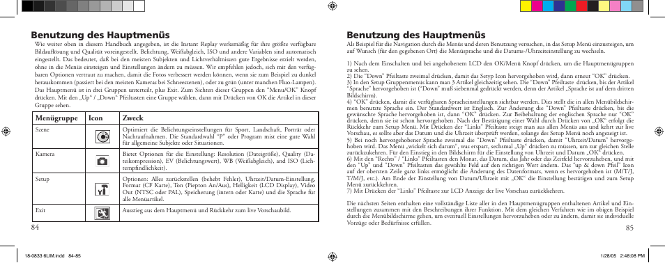 Benutzung des hauptmenüs, Menügruppe icon zweck | Bushnell 18-0833 User Manual | Page 43 / 73