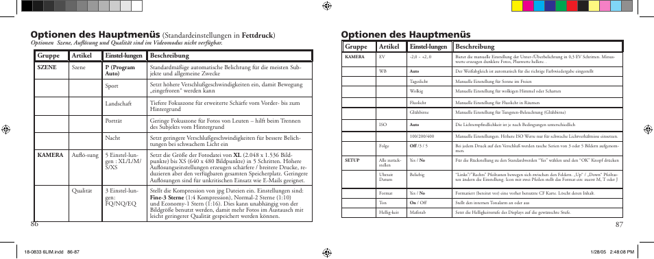 Optionen des hauptmenüs, Standardeinstellungen in fettdruck ) | Bushnell 18-0833 User Manual | Page 44 / 73