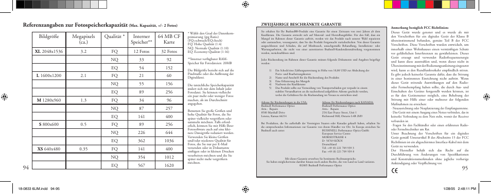Referenzangaben zur fotospeicherkapazität | Bushnell 18-0833 User Manual | Page 48 / 73