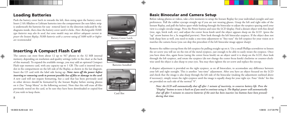 Loading batteries inserting a compact flash card, Basic binocular and camera setup | Bushnell 18-0833 User Manual | Page 5 / 73