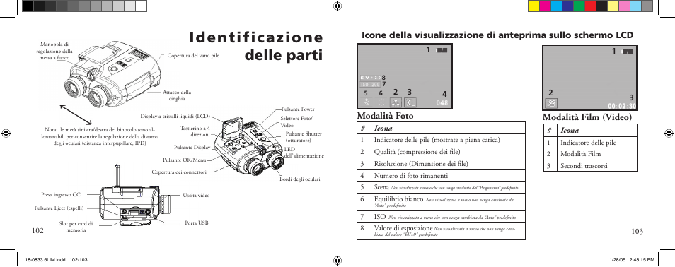Identificazione delle parti, Modalità foto modalità film (video) | Bushnell 18-0833 User Manual | Page 52 / 73