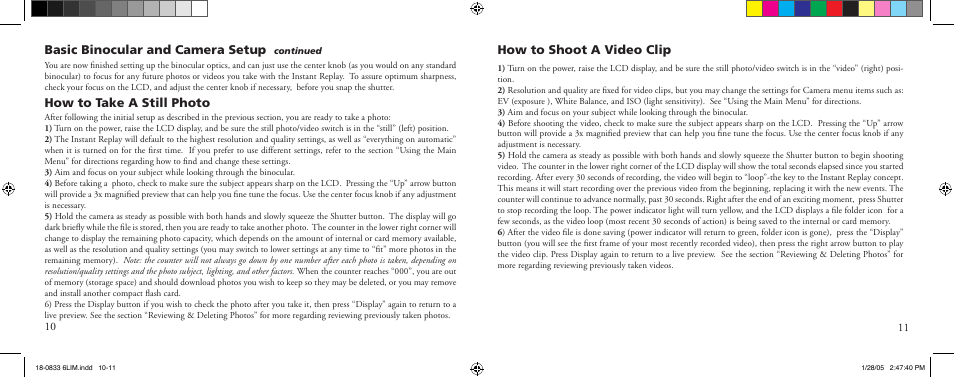 How to take a still photo, Basic binocular and camera setup, How to shoot a video clip | Bushnell 18-0833 User Manual | Page 6 / 73