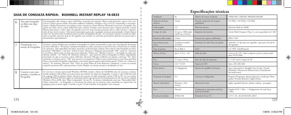 Especiﬁcações técnicas | Bushnell 18-0833 User Manual | Page 63 / 73