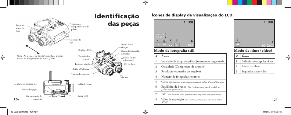 Identificação das peças, Modo de fotograﬁa still modo de ﬁlme (vídeo), Ícones de display de visualização do lcd | Bushnell 18-0833 User Manual | Page 64 / 73