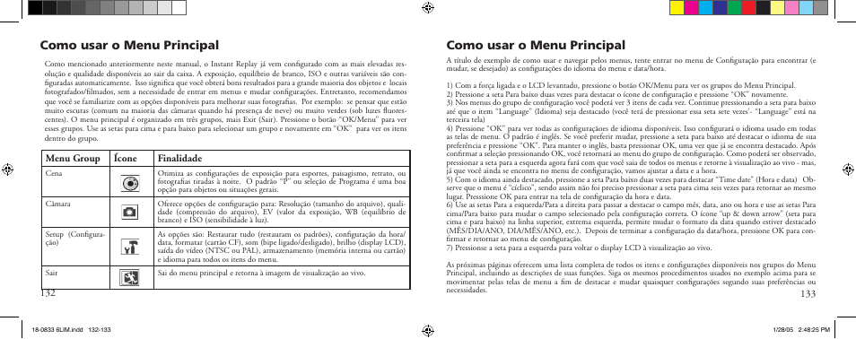 Como usar o menu principal, Menu group ícone finalidade | Bushnell 18-0833 User Manual | Page 67 / 73