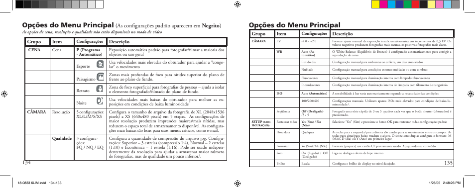 Opções do menu principal, As conﬁgurações padrão aparecem em negrito ) | Bushnell 18-0833 User Manual | Page 68 / 73