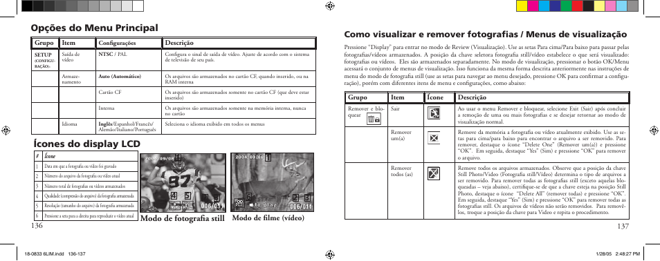 Opções do menu principal, Ícones do display lcd, Modo de fotograﬁa still | Bushnell 18-0833 User Manual | Page 69 / 73