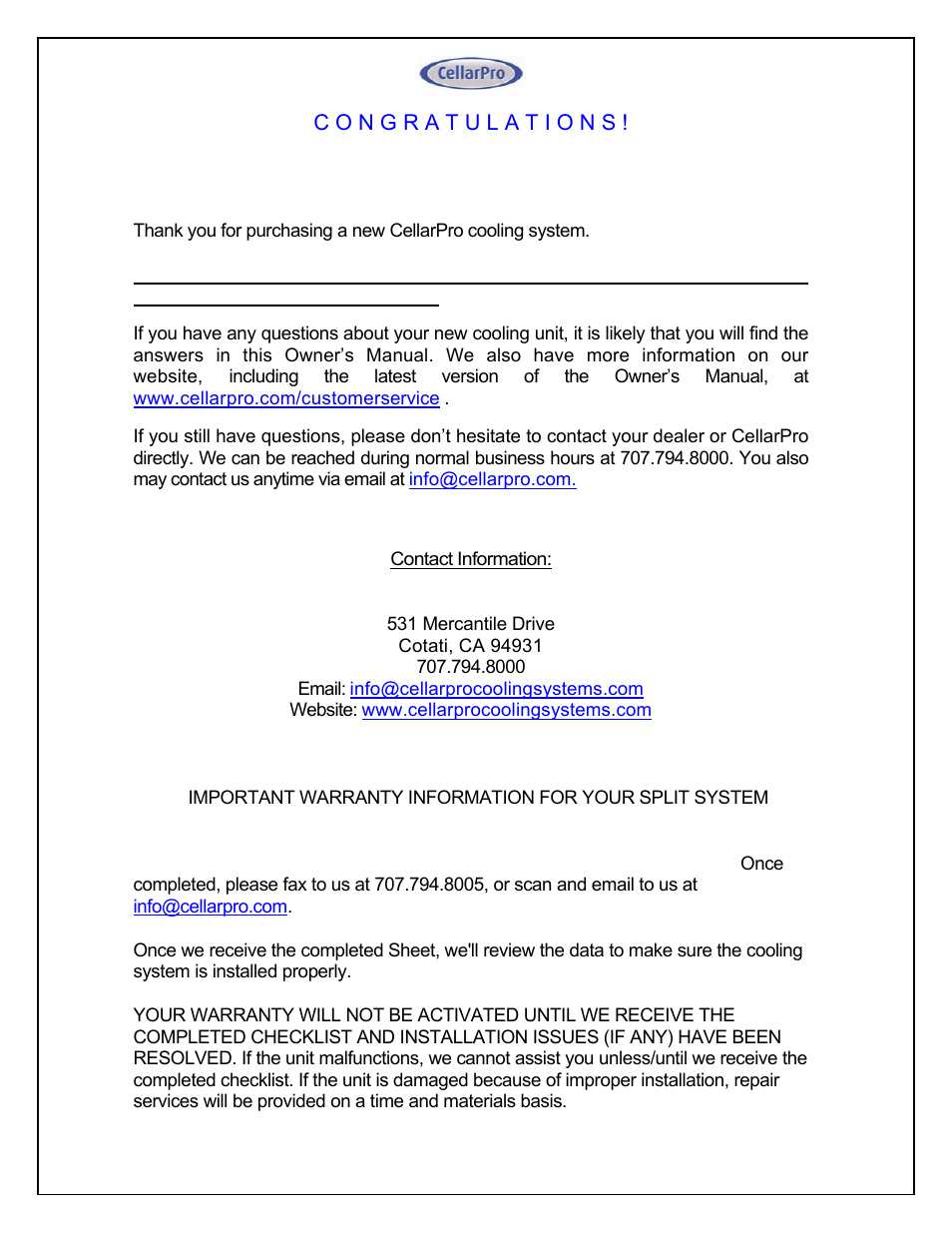 CellarPro 4000SH HORIZONTAL SPLIT SYSTEM 220V 50/60HZ, 16270 User Manual | Page 2 / 39
