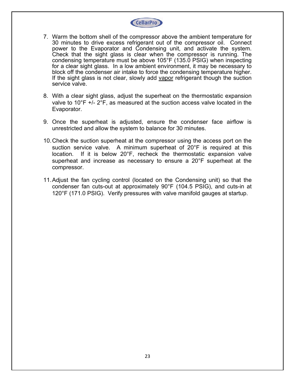 CellarPro 4000SH HORIZONTAL SPLIT SYSTEM 220V 50/60HZ, 16270 User Manual | Page 23 / 39