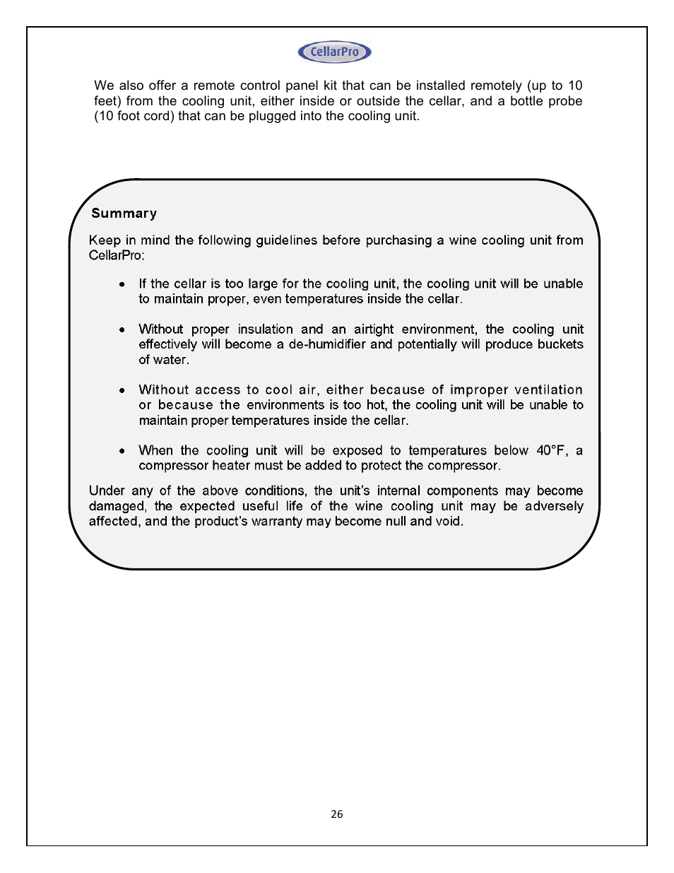 CellarPro 4000SH HORIZONTAL SPLIT SYSTEM 220V 50/60HZ, 16270 User Manual | Page 26 / 39