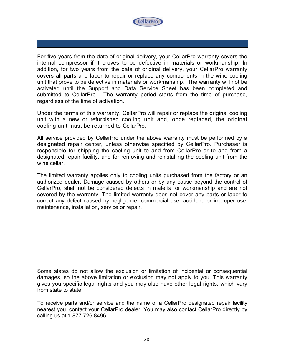 CellarPro 4000SH HORIZONTAL SPLIT SYSTEM 220V 50/60HZ, 16270 User Manual | Page 38 / 39