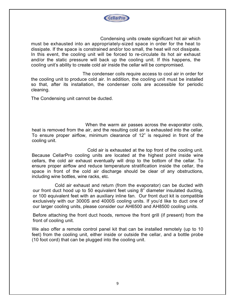 CellarPro 4000SH HORIZONTAL SPLIT SYSTEM 220V 50/60HZ, 16270 User Manual | Page 9 / 39