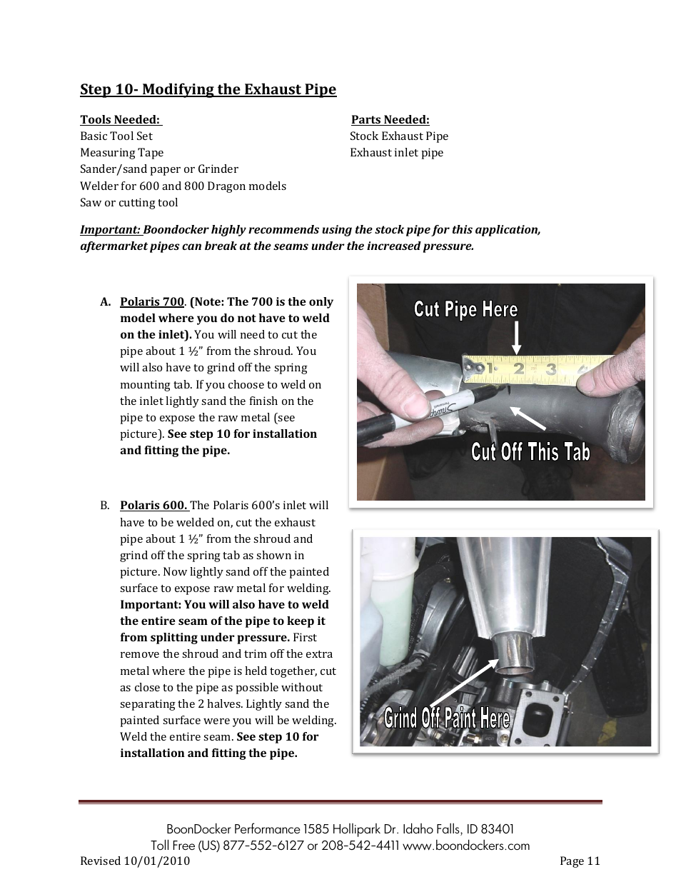 Step 10- modifying the exhaust pipe | BoonDocker POLARIS: 2007-10 Dragon Pump Gas User Manual | Page 11 / 19