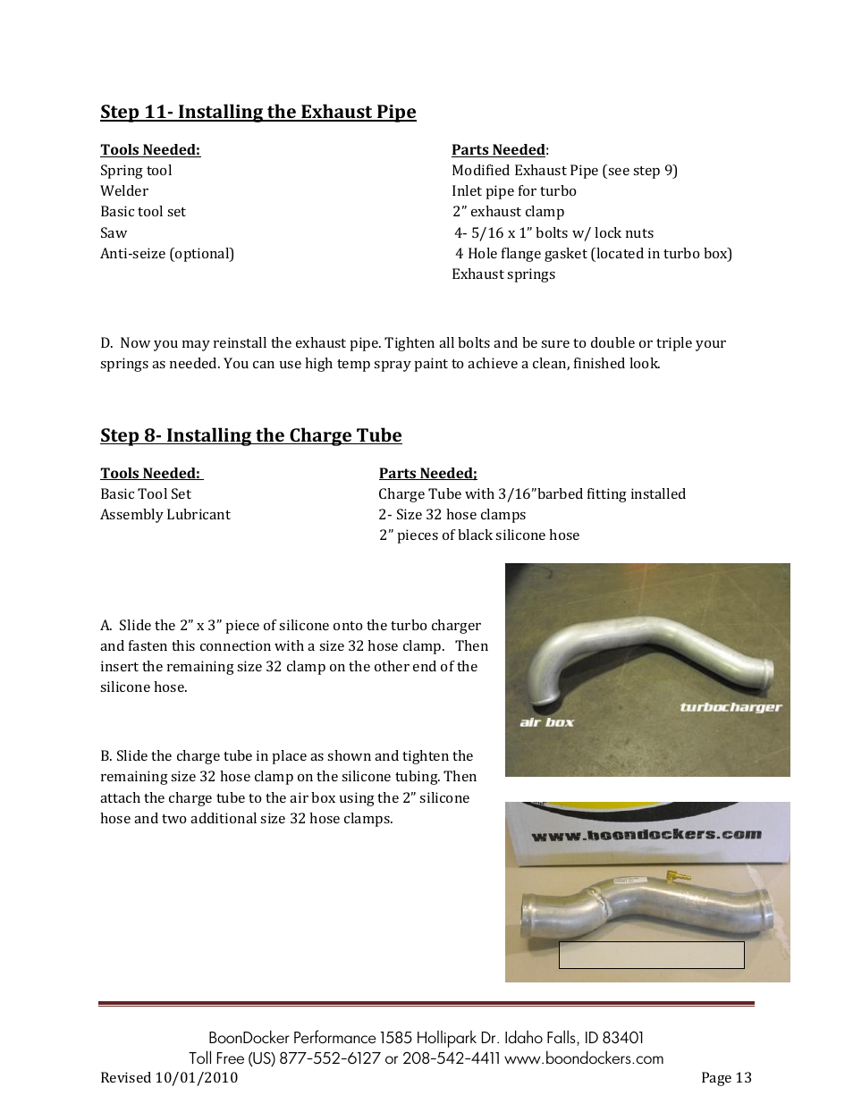 Step 11- installing the exhaust pipe, Step 8- installing the charge tube | BoonDocker POLARIS: 2007-10 Dragon Pump Gas User Manual | Page 13 / 19
