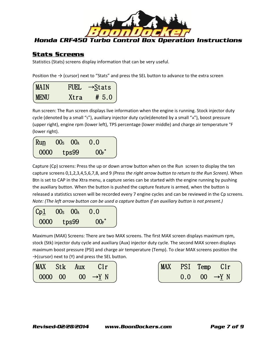 Main fuel, Stats menu xtra # 5.0 run 00, Cp1 00 | Y n max psi temp clr 0.0 00 | BoonDocker HONDA CRF: 450 Box Operation User Manual | Page 7 / 9