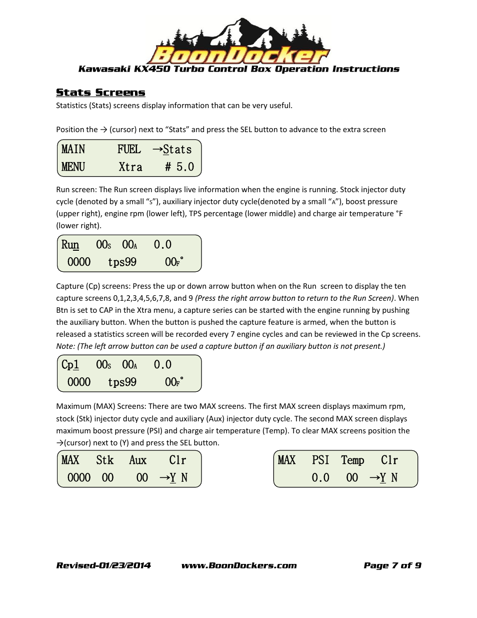Main fuel, Stats menu xtra # 5.0 run 00, Cp1 00 | Y n max psi temp clr 0.0 00 | BoonDocker KAWASAKI KX: 450 Box Operation User Manual | Page 7 / 9