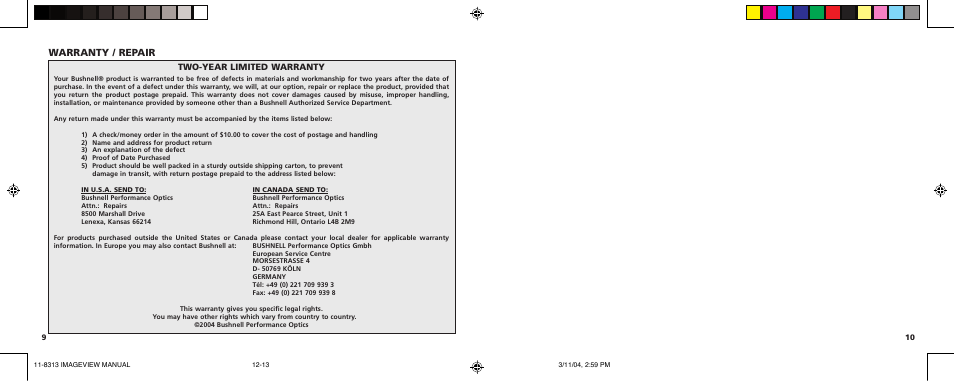 Warranty / repair | Bushnell 11-8313 User Manual | Page 7 / 33