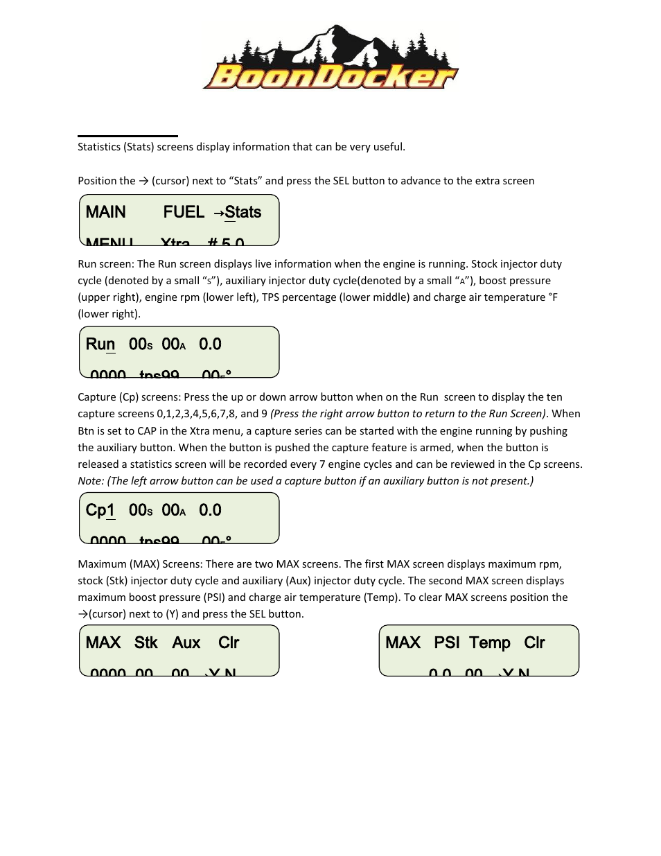 Main fuel, Stats menu xtra # 5.0 run 00, Cp1 00 | Y n max psi temp clr 0.0 00 | BoonDocker POLARIS RZR XP 900 Control Box Operation User Manual | Page 7 / 8