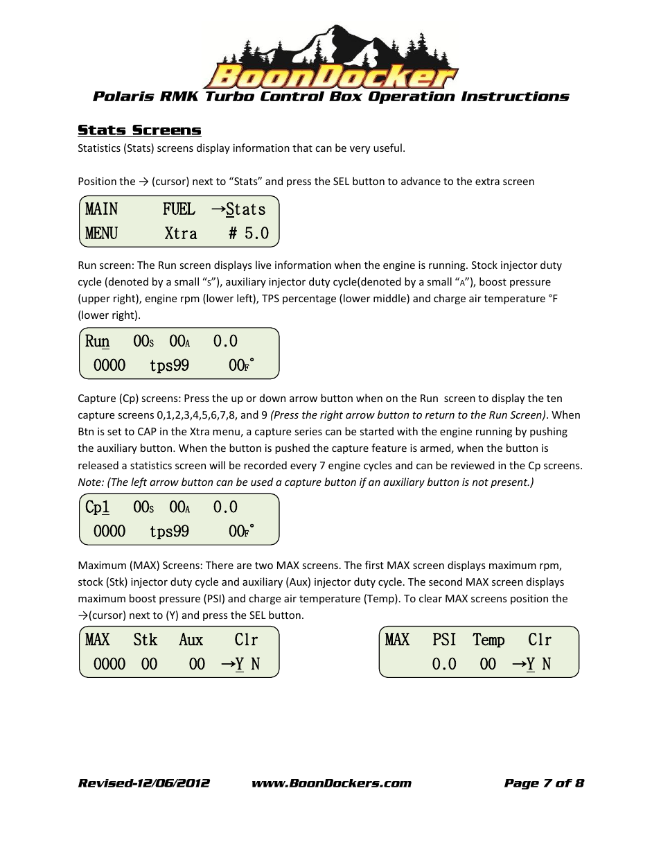Main fuel, Stats menu xtra # 5.0 run 00, Cp1 00 | Y n max psi temp clr 0.0 00 | BoonDocker POLARIS: 2011-14 PRO 800 Turbo w/ EBC User Manual | Page 7 / 8